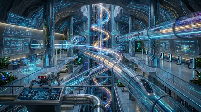 Futuristic underground data center with hyperloop transport and digital interfaces.