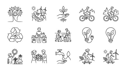 Fototapeta premium Eco-friendly lifestyle icons: recycling, clean energy, nature, sustainability, healthy living