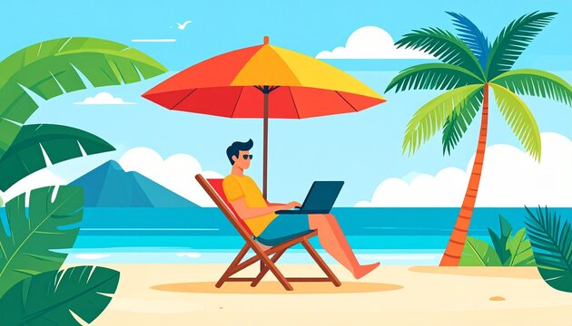 Relaxed Man Working on Laptop Illustration at Tropical Beach with Palm Trees and Colorful Umbrella