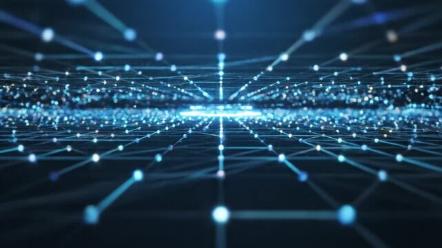 Abstract blue digital network grid with glowing nodes.