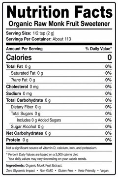 nutrition facts label image for organic raw monk fruit sweet