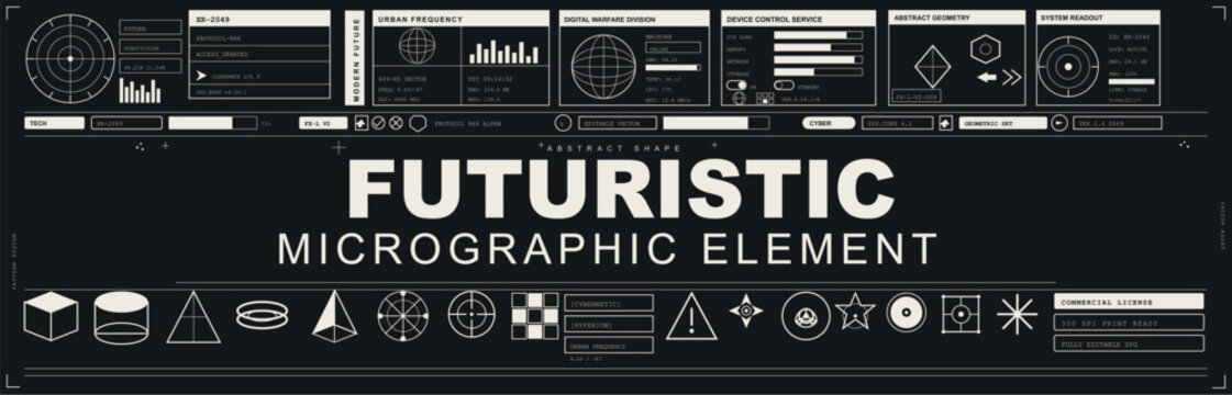 Futuristic Micrographic Element Collection with HUD Panels Geometric Shapes and Technical Icons on Dark Background for Sci-Fi Game UI and Tech Graphic Design