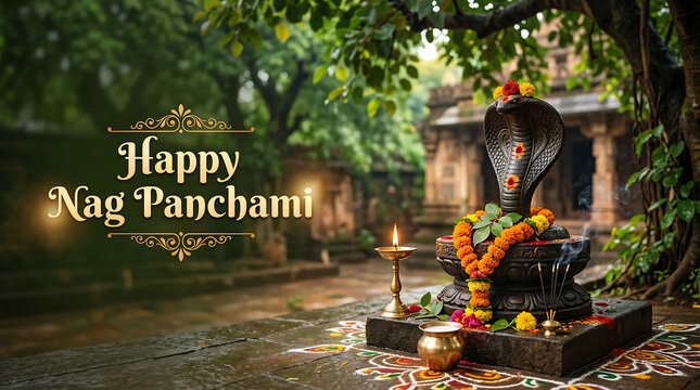 Celebration of nag panchami with a sacred snake idol decorated with marigold garland incense and oil lamps in a peaceful temple courtyard during daytime