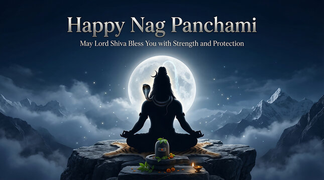 Peaceful silhouette of lord shiva meditating on a mountain ledge during nag panchami festival with a full moon starry sky and snow capped peaks in the background