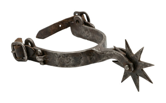 Vintage metal spur with leather strap for equestrian cowboy gear isolated on transparent background