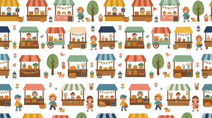 Naklejka premium Cute Farmers Market Stalls Flat Vector Cartoon Illustration Pattern for Food and Local Commerce