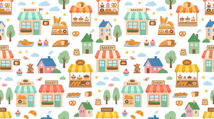Naklejka premium Cute Flat Vector Seamless Bakery Pattern: Shops, Houses, and Delicious Baked Goods for Food Industry