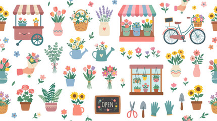 Naklejka premium Cute Floral Shop Garden Elements - Seamless Pattern - Flat Illustration