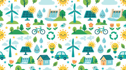 Fototapeta premium Cute Eco-Friendly Seamless Pattern with Renewable Energy and Nature Icons