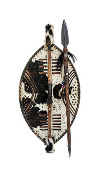 Traditional African Zulu shield and spear set made of cowhide and wood isolated on transparent background