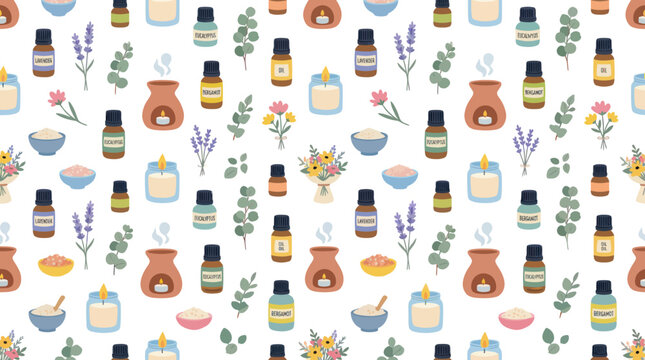Flat Illustration Pattern of Essential Oils, Candles, and Flowers for Aromatherapy