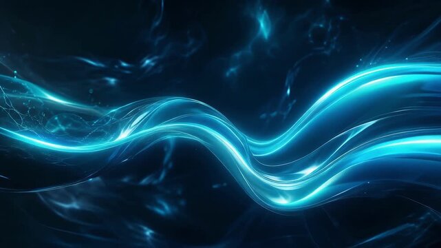 Abstract glowing blue wave with fluid, flowing light patterns on dark background