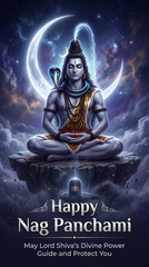Fototapeta premium Divine lord shiva meditating under night sky with crescent moon and cosmic elements for nag panchami celebration spiritual blessings