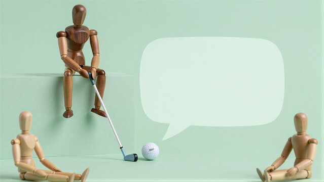 Wooden figures, golf club and ball with speech bubble against mint green background.