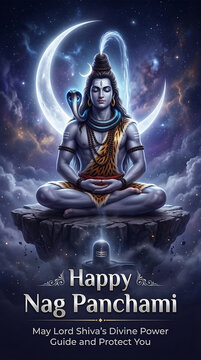 Divine lord shiva meditating under night sky with crescent moon and cosmic elements for nag panchami celebration spiritual blessings