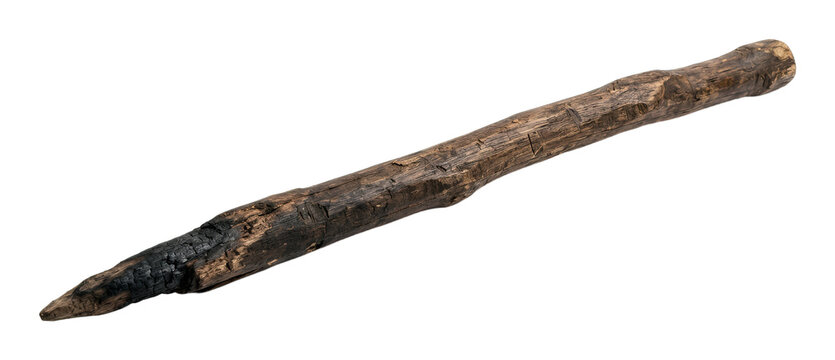 Rustic charred wooden stake with pointed end isolated on transparent background