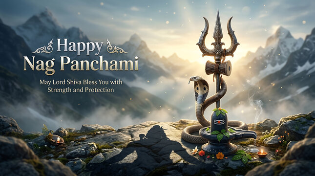 Decorative nag panchami altar with serpent idol sacred water flowers and lord shiva blessing in a mystical mountain landscape during sunrise for religious celebration