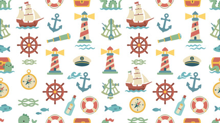 Fototapeta premium Nautical Vector Seamless Pattern: Ships, Lighthouses, Compasses, Anchors, Flat