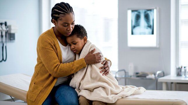 A caring young African American mother comforts her sad little boy wrapped in a blanket at the doctor's office.