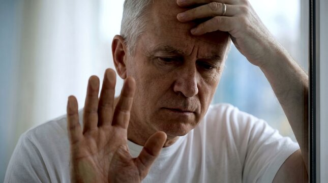 A sad older man with gray hair holds his head and hand against a window looking out in a thoughtful state.