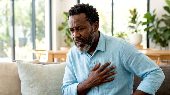 A mature African American man experiencing chest pain or heart attack while sitting on a couch at home.