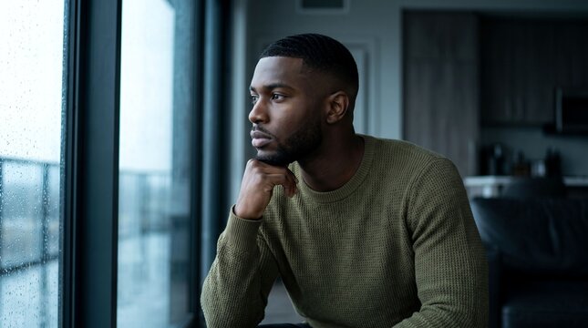 Pensive young man with short dark hair looking out a rainy window in his modern home