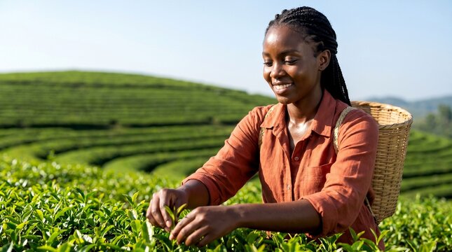 Smiling young african woman with braided hair harvesting tea leaves on a beautiful sunny plantation field