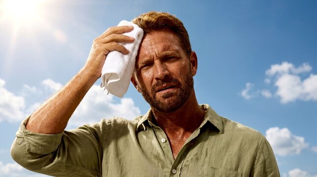 A sweaty man wipes his forehead with a white towel under a bright sun in a blue sky.