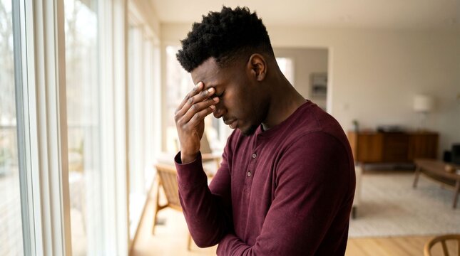 Sad young black man with hand on his forehead feeling depressed and stressed at home
