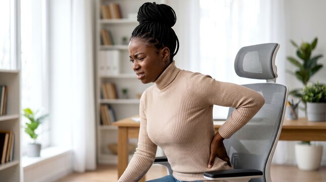 Young black woman suffering from back pain sitting on an office chair at her home or workplace