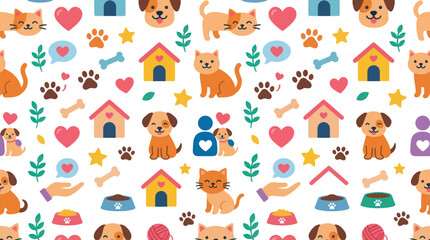 Fototapeta premium Cute Cartoon Seamless Pattern of Pets, Dogs, Cats, Houses, Hearts, Paws