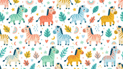 Naklejka premium Cute Cartoon Zebras Seamless Pattern for Kids Nursery Decor and Baby Textile Design, Flat Vector Illustration