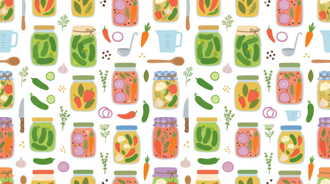 Homemade Food Preserves Flat Illustration Pattern: Pickled Vegetables  Fruits in Jars, Canning Background