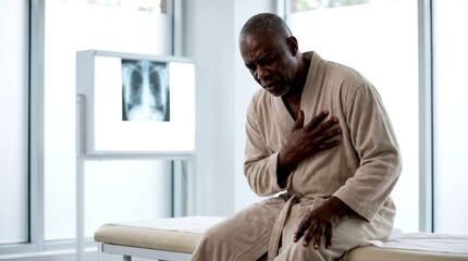 Fototapeta premium An older African American man in a hospital gown holds his chest in pain while sitting in a bright examination room.