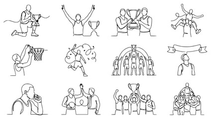 Basketball victory celebration, continuous line art of winning players with trophies and confetti © Petrik