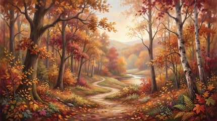 Fototapeta premium Autumn Forest Path with Gentle Stream and Soft Pastel Illustration