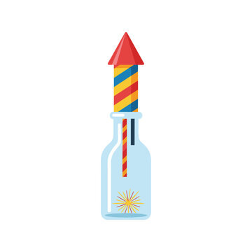 Colorful firework rocket standing inside a clear glass bottle.