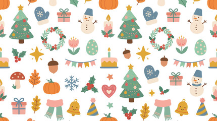 Naklejka premium Cute Flat Vector Seamless Pattern: Festive Holiday Seasonal Elements for Christmas, Autumn, and Winter