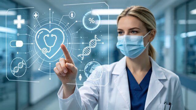 Female doctor wearing mask and white coat interacting with futuristic medical hologram interface showing heart health, dna structure