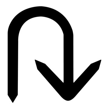 Arrow symbol depicts a sharp u-turn trajectory in a bold black minimalist design style.