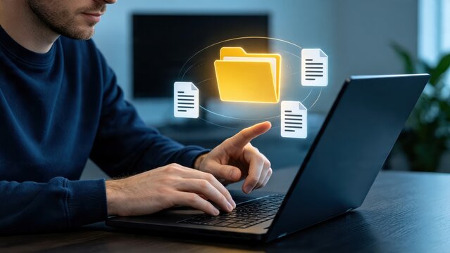 User accessing digital folder with floating documents, file management system, cloud computing concept, data organization, virtual storage solution, information technology