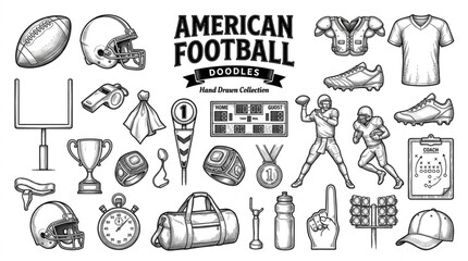 Obraz premium Hand-drawn collection of American football essentials, featuring game equipment, player actions, and field elements in a dynamic doodle style