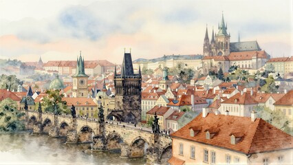 Obraz premium Charming watercolor view of Prague's iconic Charles Bridge and historic skyline.