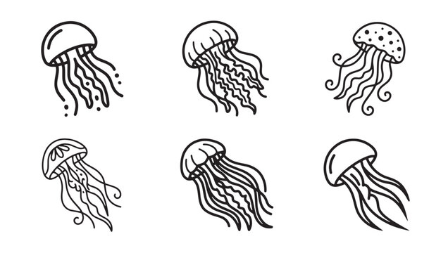 Minimalist black and white line art jellyfish icon set with jellyfish creature tentacles wildlife underwater minimalist isolated collection swimming floating cnidarian transparent stinging