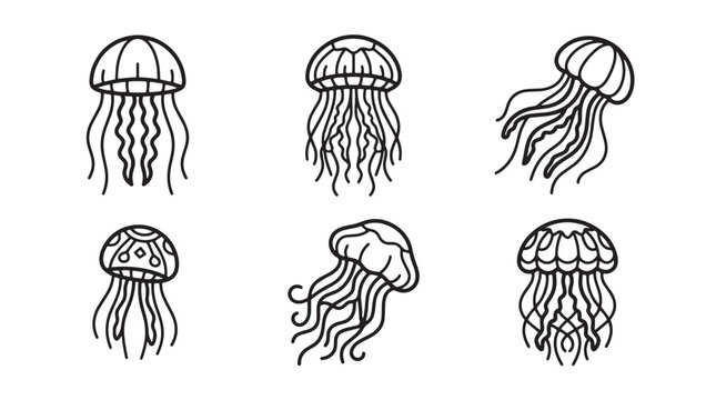 Collection of jellyfish in simple outline vector style with jellyfish tentacles creature wildlife underwater minimalist isolated collection swimming floating cnidarian gelatinous stinging