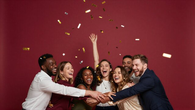 Group celebrates joyfully with confetti, hands joined in festive unity against a red backdrop.