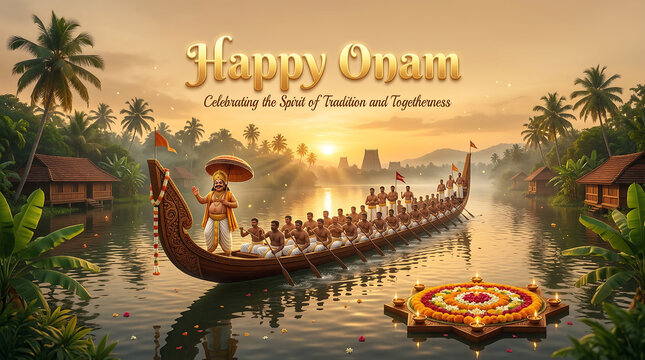 Traditional onam boat procession with decorated floral arrangement vibrant cultural celebration and serene sunset backdrop in kerala india