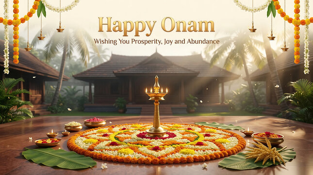 Intricate floral rangoli design with oil lamps and traditional decorations celebrating onam festival in a serene outdoor setting with wooden houses