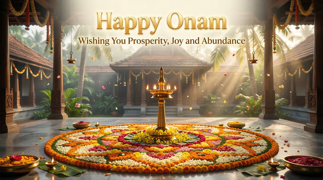 Traditional indian onam celebration with floral rangoli oil lamps and festive decorations in a temple courtyard during sunrise symbolizing prosperity