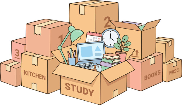 Labeled Moving Boxes with Study Kitchen Books and Misc Items Laptop Clock Plant and Office Supplies Cute